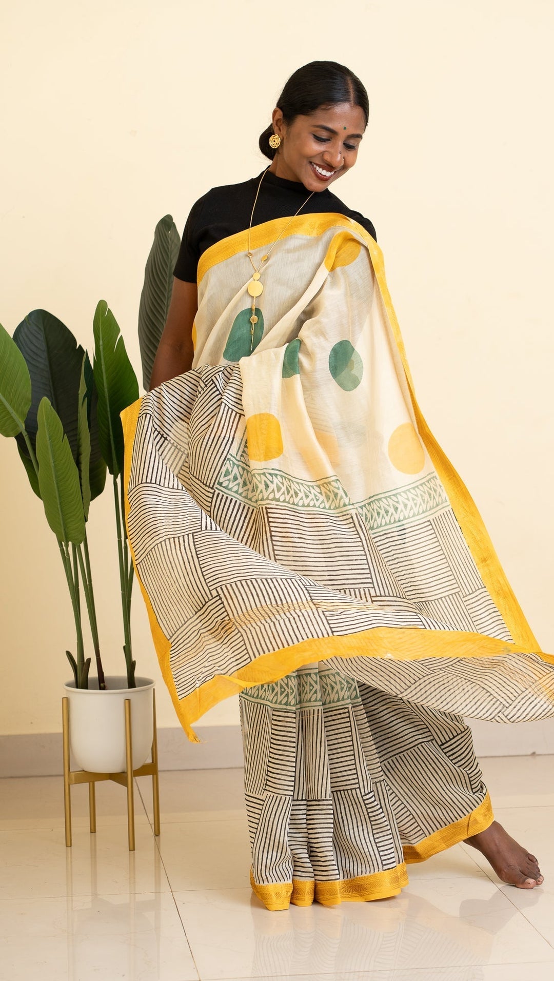 White with Black Maheshwari Bagru Handblock Printed Saree Circle Of Life | SHOBITAM