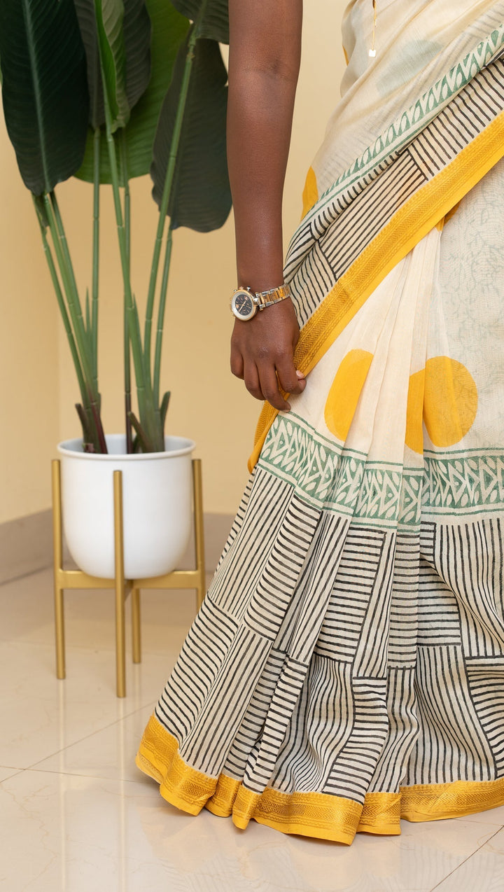 White with Black Maheshwari Bagru Handblock Printed Saree Circle Of Life | SHOBITAM