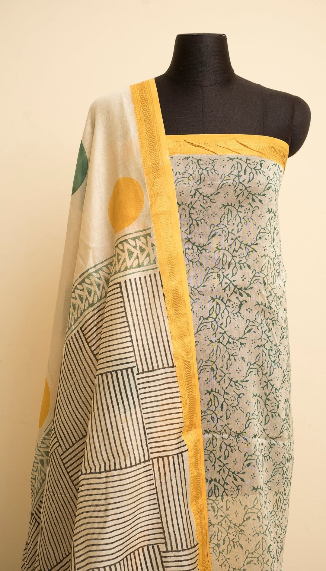 White with Black Maheshwari Bagru Handblock Printed Saree Circle Of Life | SHOBITAM