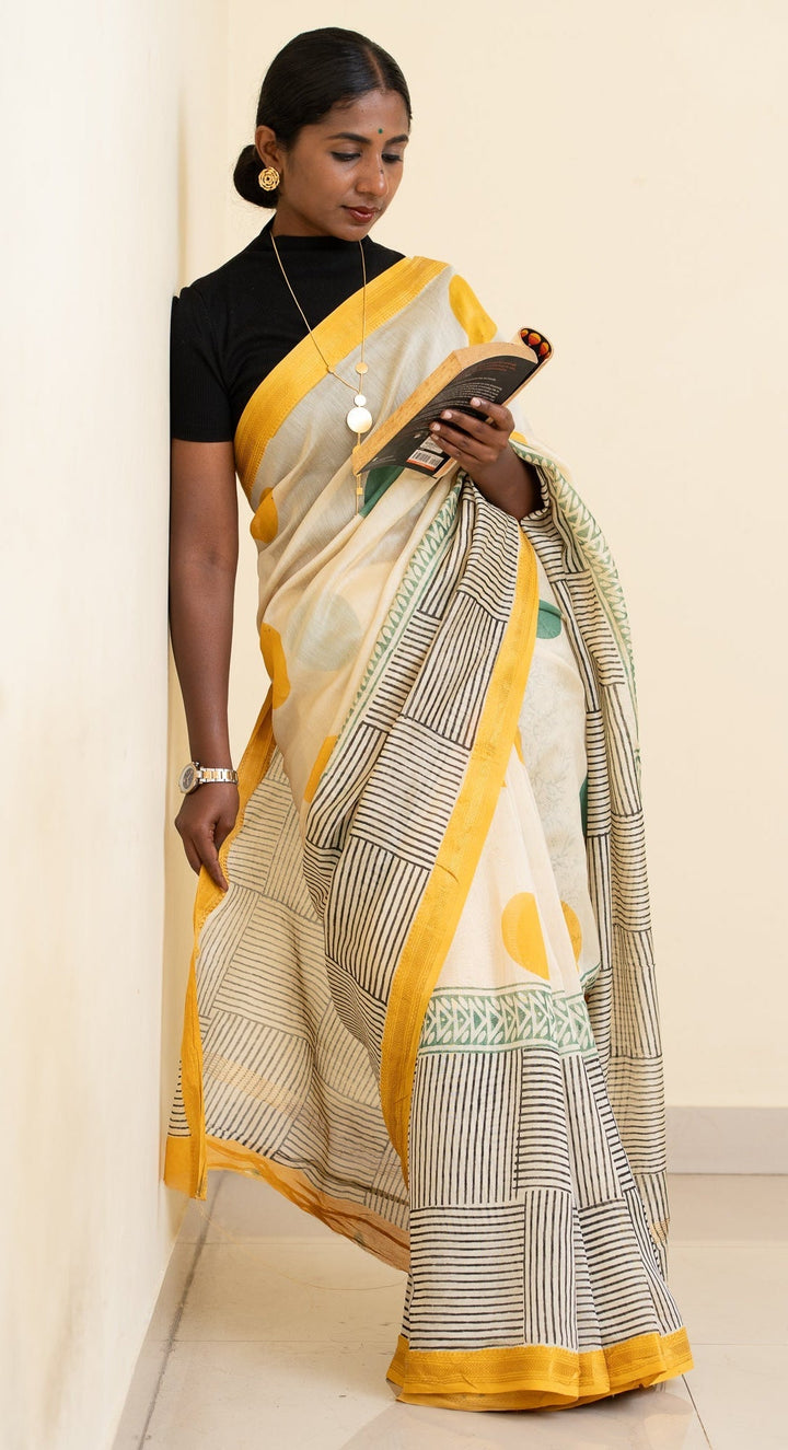 White with Black Maheshwari Bagru Handblock Printed Saree Circle Of Life | SHOBITAM