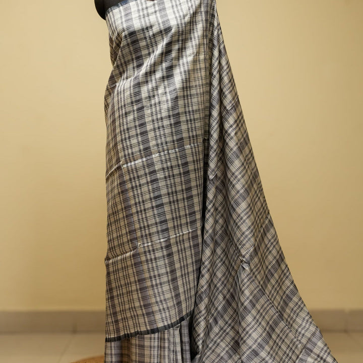 White With Black Tussar Handloom Silk Saree | SILK MARK CERTIFIED | SHOBITAM