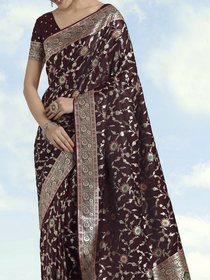 Maroon Zari Woven Banarasi Satin Silk Saree | SHOBITAM