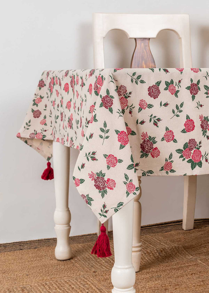 Wild Roses 100% cotton floral table cloth for 4 seater or 6 seater dining - Red | SHOBITAM
