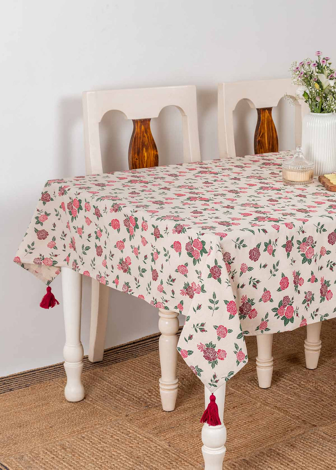Wild Roses 100% cotton floral table cloth for 4 seater or 6 seater dining - Red | SHOBITAM