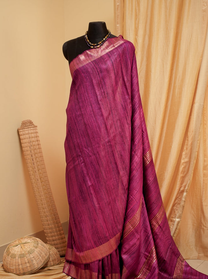Wine Pink Bhagalpur Tussar Handwoven Silk Saree | SILK MARK CERTIFIED | SHOBITAM