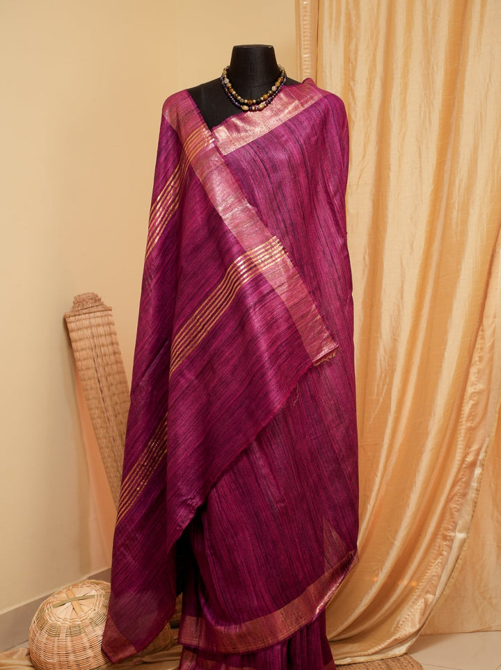 Wine Pink Bhagalpur Tussar Handwoven Silk Saree | SILK MARK CERTIFIED | SHOBITAM