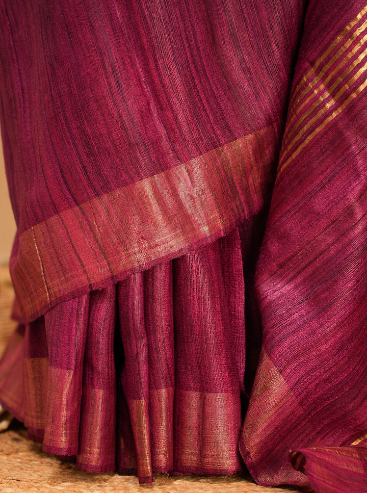 Wine Pink Bhagalpur Tussar Handwoven Silk Saree | SILK MARK CERTIFIED | SHOBITAM