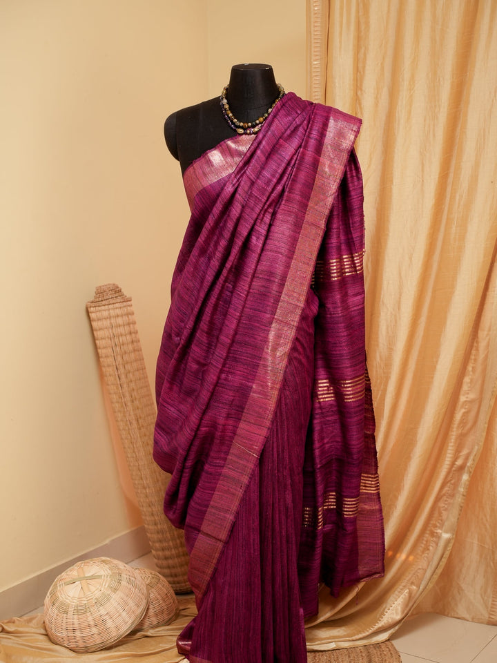 Wine Pink Bhagalpur Tussar Handwoven Silk Saree | SILK MARK CERTIFIED | SHOBITAM