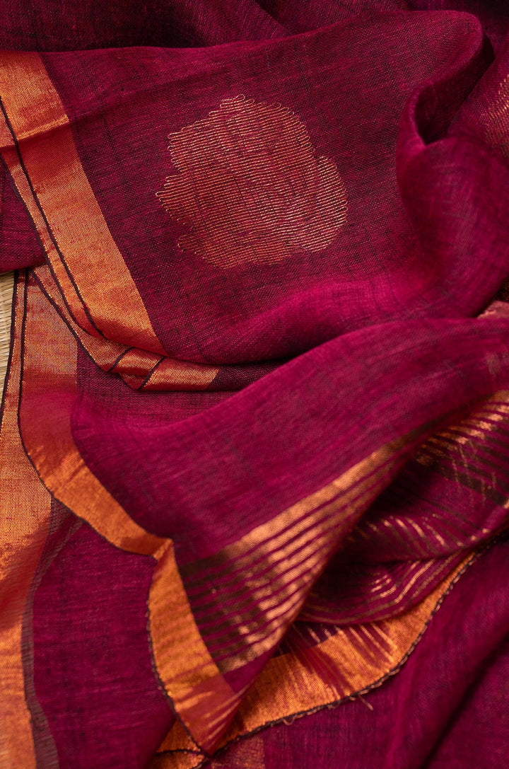 Wine Pink Handwoven Linen Jamdhani Saree Wine Love | SHOBITAM