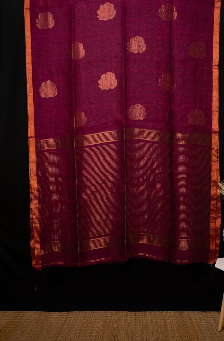 Wine Pink Handwoven Linen Jamdhani Saree Wine Love | SHOBITAM