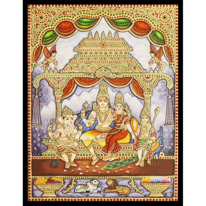 24 x 18 Shiva Family Authentic Tanjore painting with 22 Ct Gold Foil and Jaipur Gemstones, Unframed. | SHOBITAM