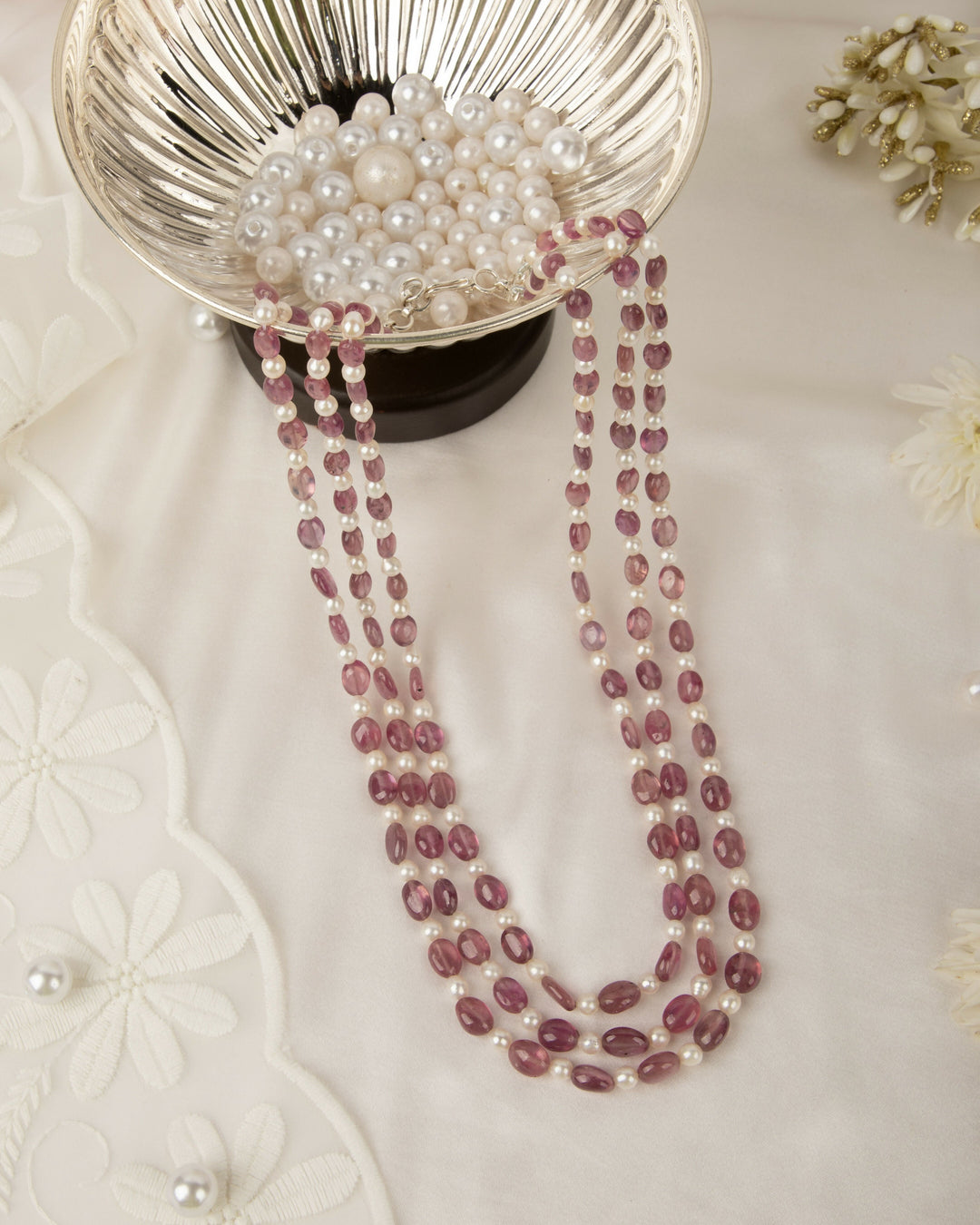 The Duchess Rose- Natural Ruby & Pearl Mala | SHOBITAM