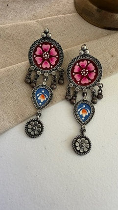 Pink Dhairya Hand Painted Earrings in Brass with Antique Silver Polish | SHOBITAM