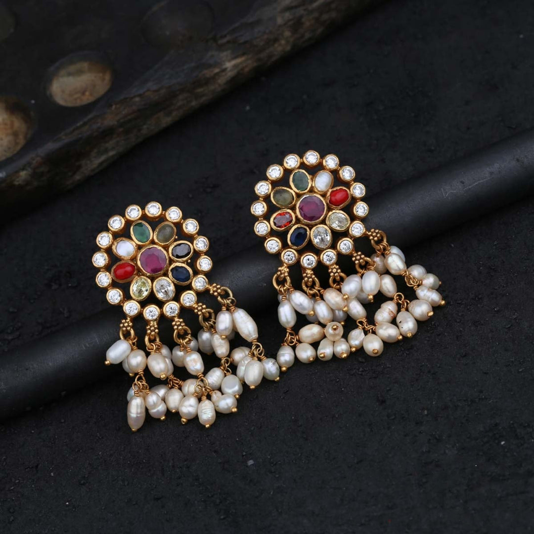 92.5 Silver, 24 kt gold-plated Navarathna Earrings | SHOBITAM