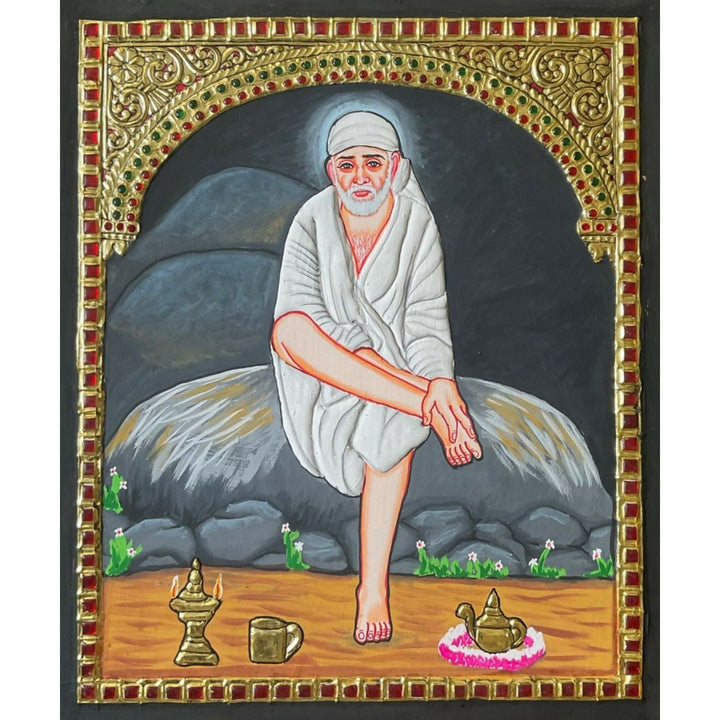 10*12 TANJORE PAINTING Sai Baba of Shirdi Authentic With 22 Ct Gold Foil and Jaipur Gemstones,Unframed | SHOBITAM