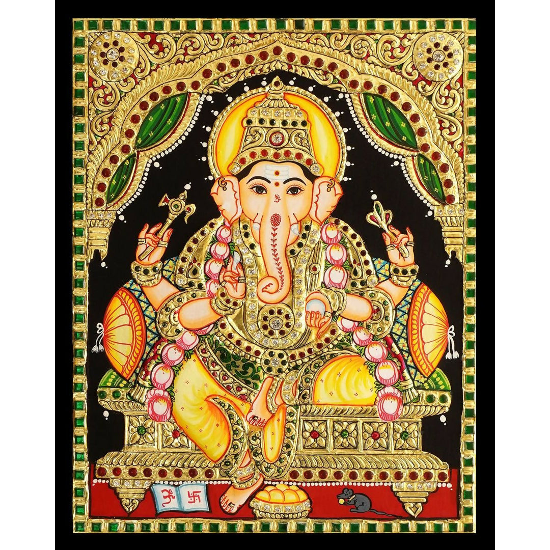 15*12" Yellow Dhothi Ganesha Tanjore painting Authentic with 22 Ct Gold Foil and Jaipur Gemstones, Unframed