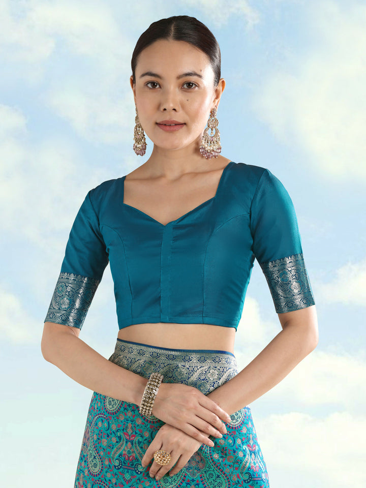 Turquoise Banarasi Semi Silk Saree With Traditional Paisley Weaves | SHOBITAM