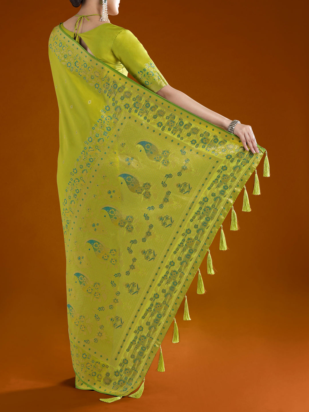 Pear Semi Banarasi Satin silk Saree With Zari Border And Butti Work | SHOBITAM
