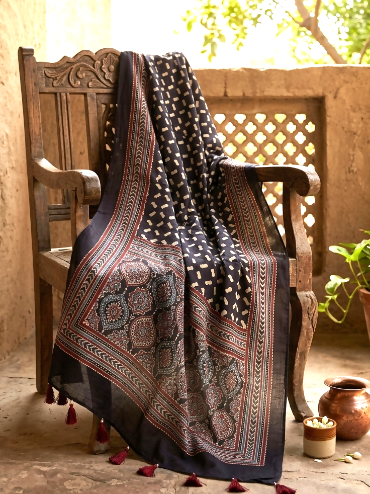 Kohl Black Silk Ajrakh Dupatta-cum-Shawl I Handcrafted | SHOBITAM