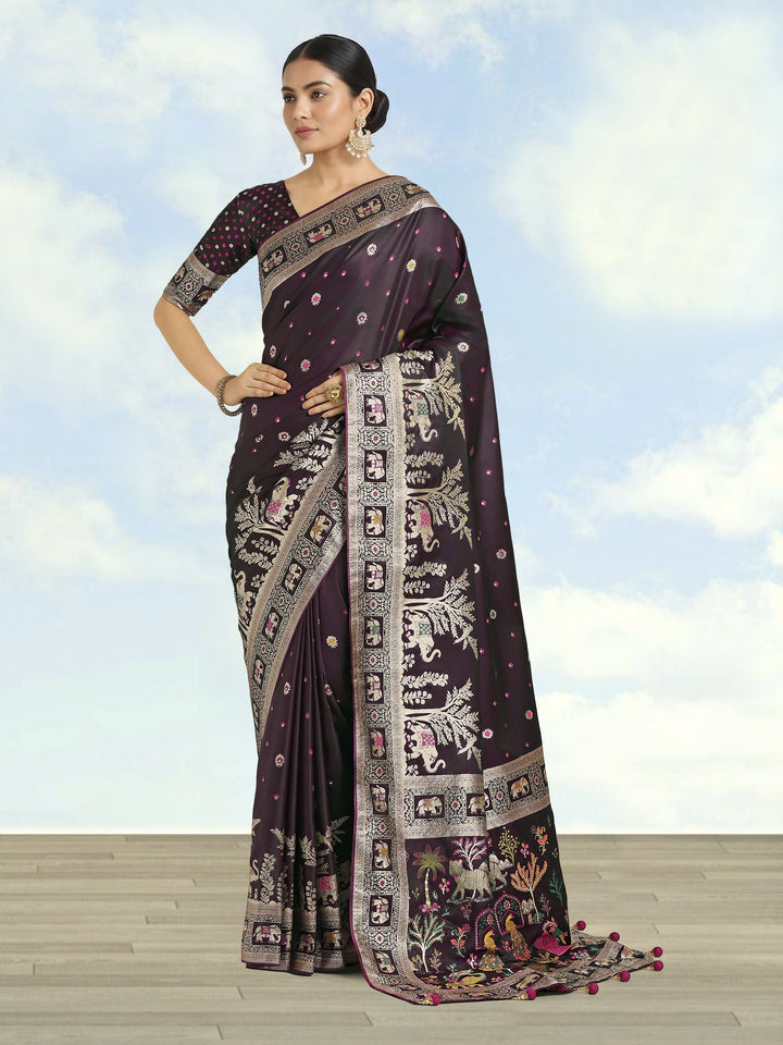 Wine Woven Banarasi Satin Silk Saree | SHOBITAM