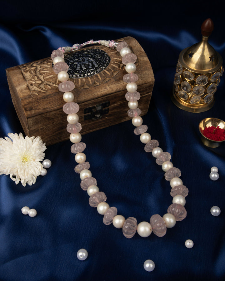 Udaipur Rose Quartz & Pearl Mala Necklace  | SHOBITAM