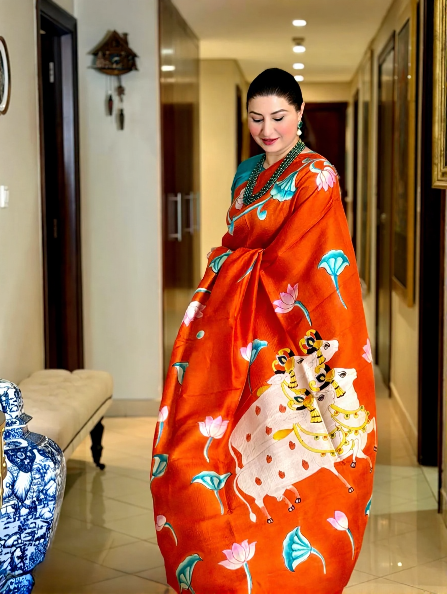 Orange Pure Handloom Silk Saree with Lotus Hand Painted and Nandi Motifs on Pallu | SILK MARK CERTIFIED