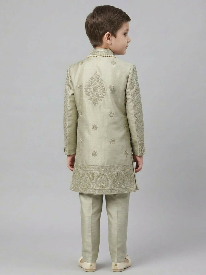 Boys Embroidered Light Grey Sherwani Set with Jacket, Trousers and Pearl Chain | SHOBITAM
