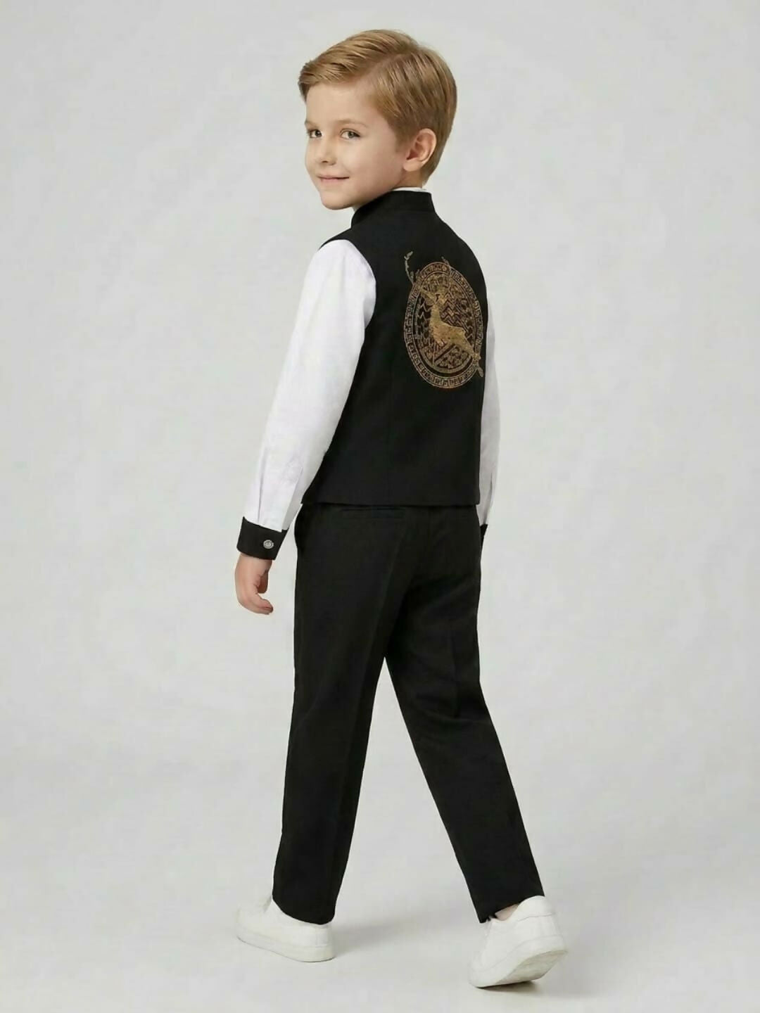 Boys Ethnic Black & White Waistcoat Suit Set with Shirt and Trousers | SHOBITAM