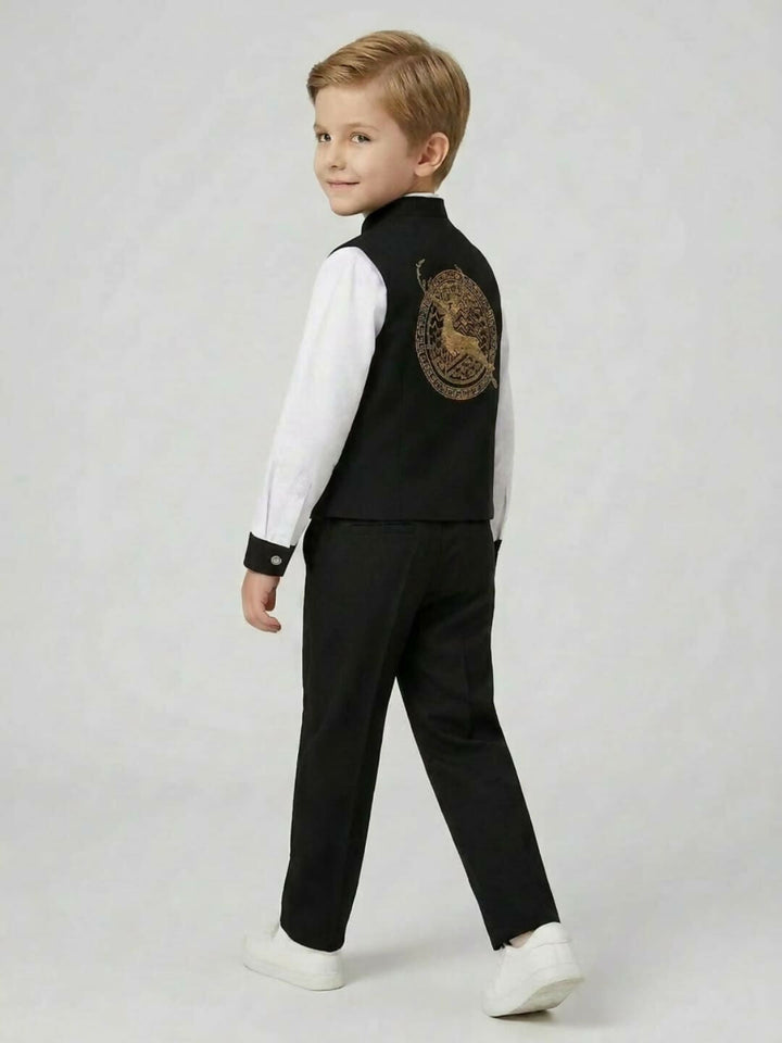 Boys Ethnic Black & White Waistcoat Suit Set with Shirt and Trousers | SHOBITAM