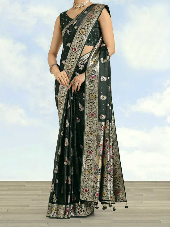 Dark Green Color Banarasi Satin Silk Zari Weaving Saree | SHOBITAM