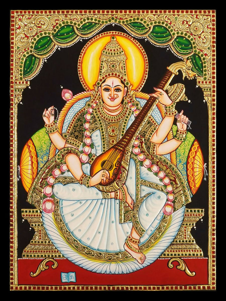 18*24 Authentic TANJORE PAINTING SARASWATHI With 22 Ct gold Foil and Jaipur Gemstones,Unframed | SHOBITAM