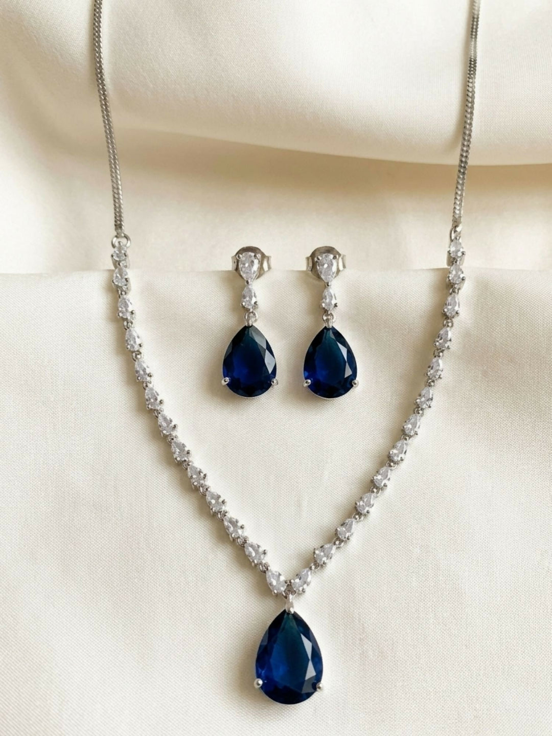 Silver Plated Drop American Diamond Necklace Set | SHOBITAM