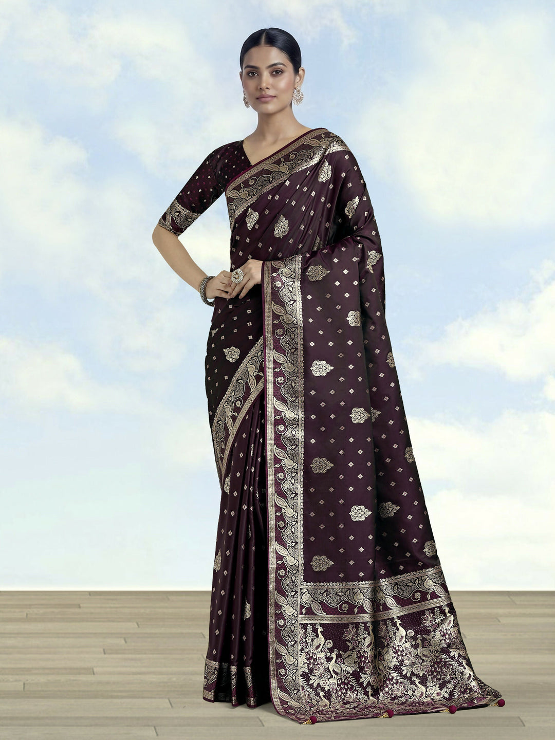 Wine Woven Banarasi Satin Silk Saree | SHOBITAM