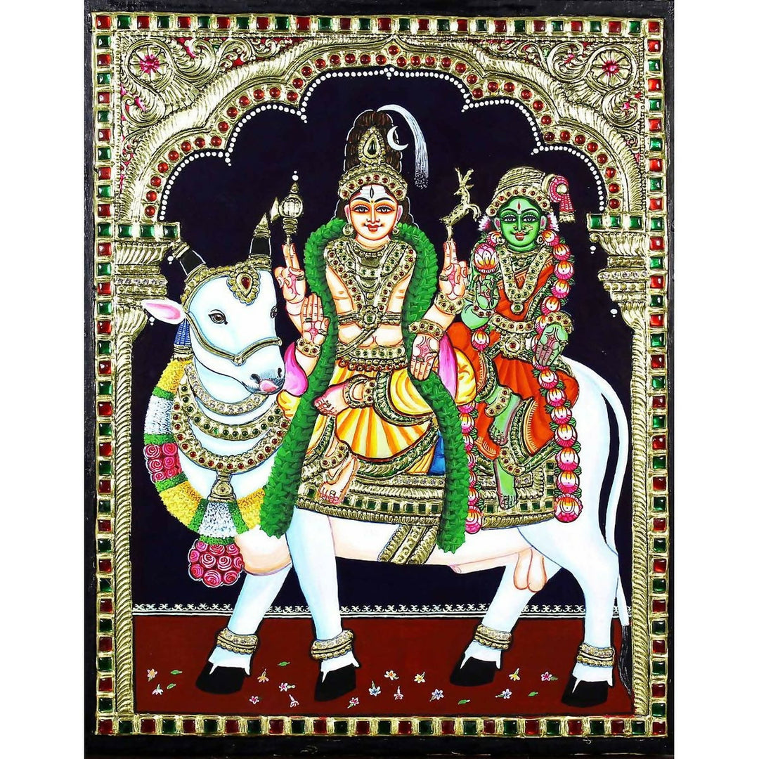 12*15 Authentic TANJORE PAINTING SHIVA PARVATHI ON NANDHI With 22 Ct gold Foil and Jaipur Gemstones,Unframed | SHOBITAM