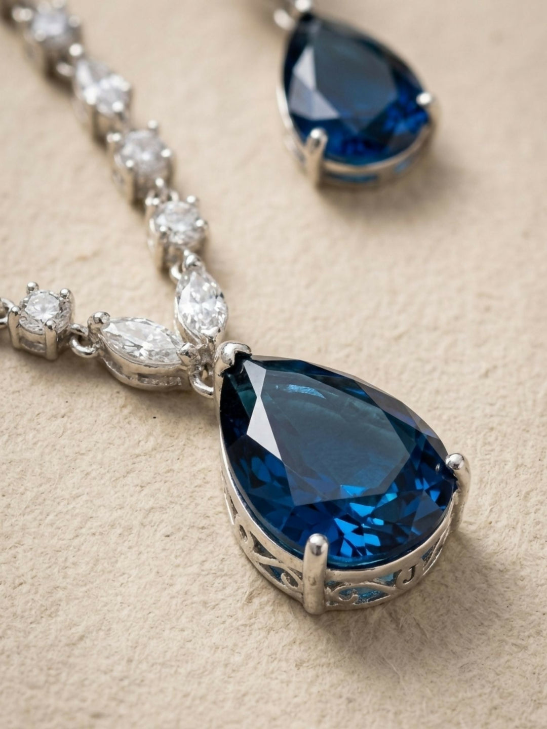 Silver Plated Drop American Diamond Necklace Set | SHOBITAM