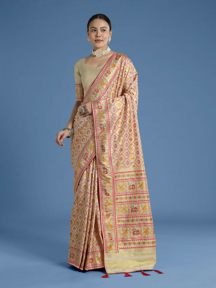 Cream Semi Banarasi Satin Silk Saree With Patola Work | SHOBITAM