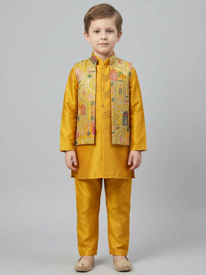 Boys Mustard Kurta Pajama Set with Printed Nehru Jacket | SHOBITAM