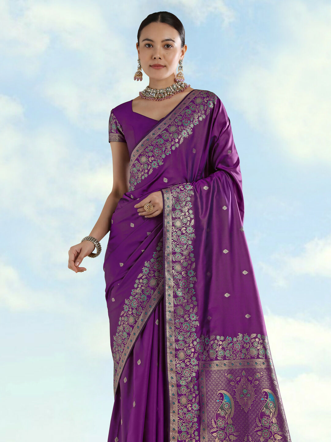 Purple Semi Banarasi Satin silk Saree With Zari Border And Butti Work | SHOBITAM