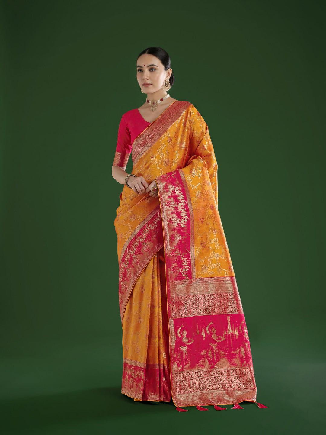 Orange Banarasi Semi Silk Saree With Zari Woven Design | SHOBITAM