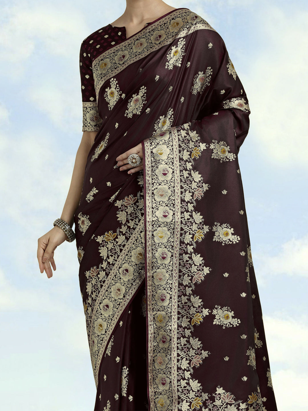 Dark Maroon Zari Woven Banarasi Satin Silk Saree | SHOBITAM