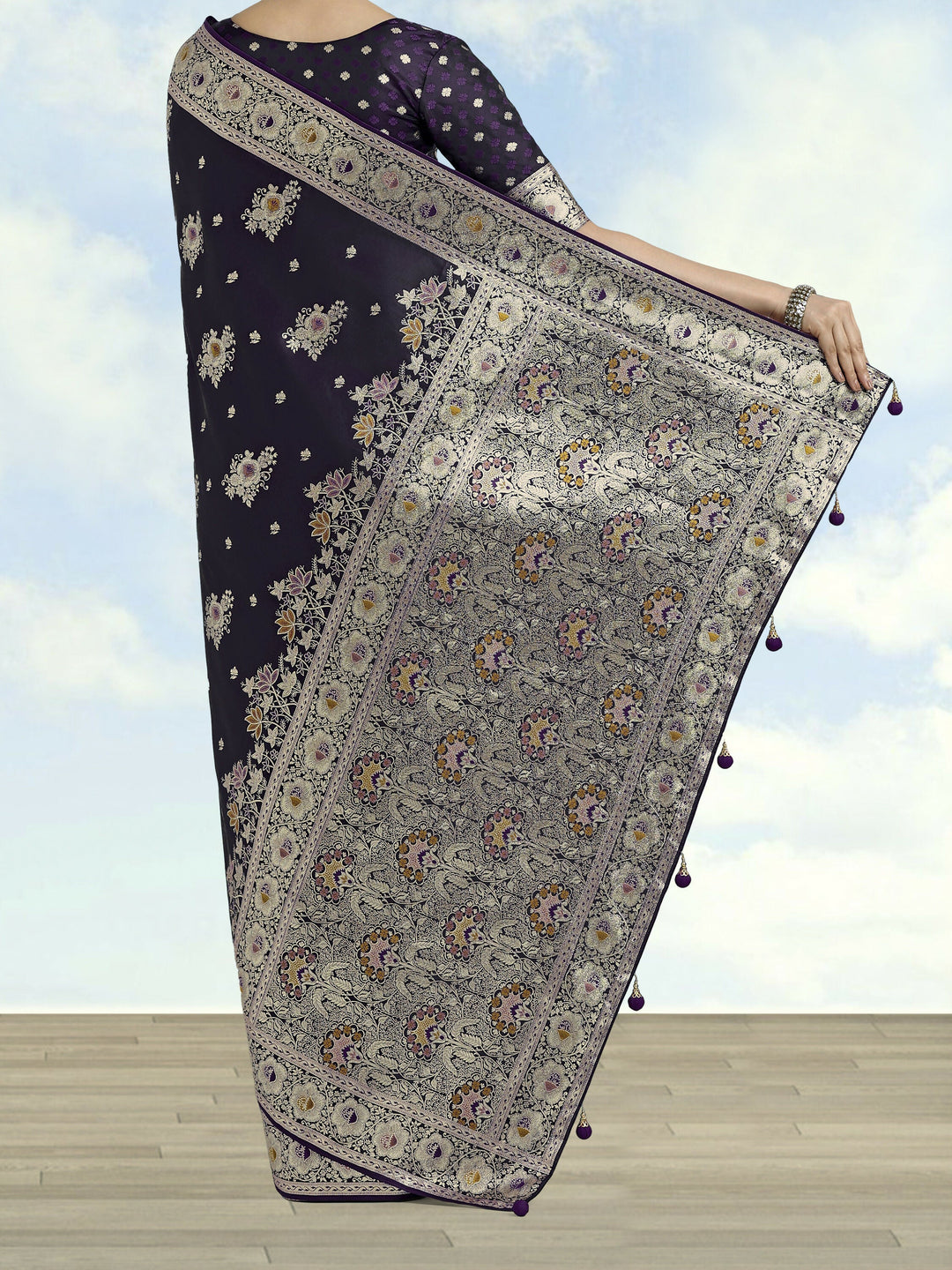 Dark Purple Zari Woven Banarasi Satin Silk Saree | SHOBITAM