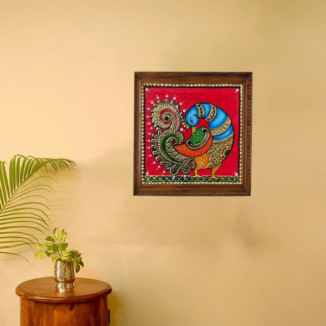 6*6 TANJORE PAINTING PEACOCK Authentic With 22 Ct Gold Foil and Jaipur Gemstones,Unframed | SHOBITAM