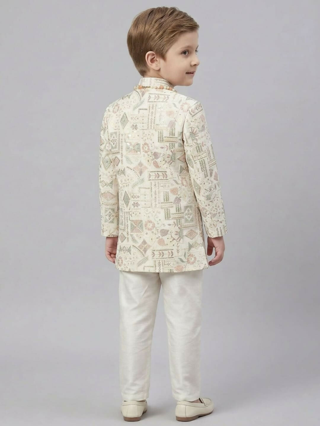 Boys White Kurta Pajama Set with Printed Ethnic Jacket | SHOBITAM
