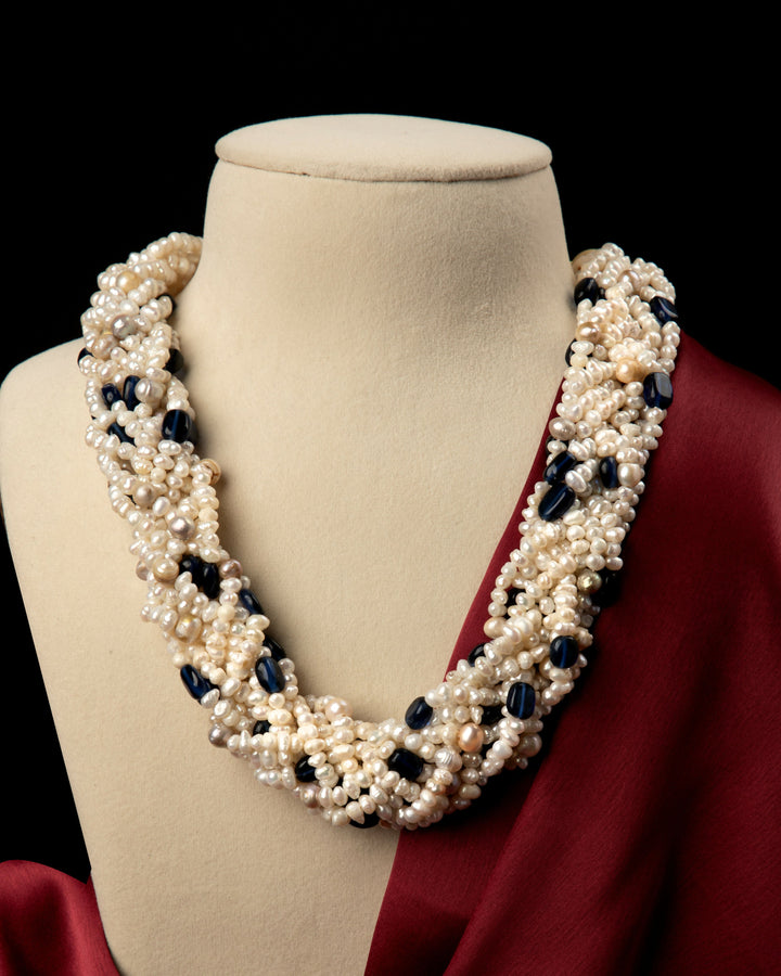 Noor-e-Raat: Pearl & Tanzanite Braided Mala  | SHOBITAM