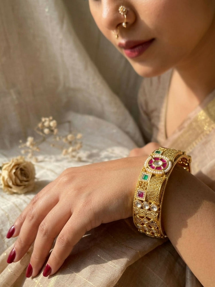 Multicolour Antique Gold Plated Jadau Polki Bangles | SHOBITAM