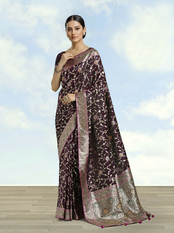 Wine Zari Woven Banarasi Satin Silk Saree | SHOBITAM