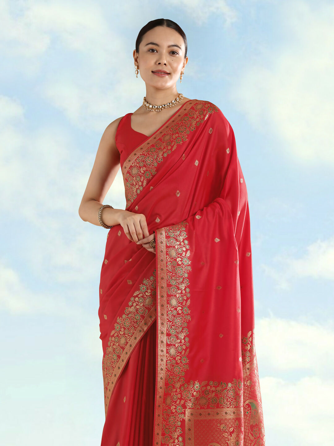 Red Semi Banarasi Satin silk Saree With Zari Border And Butti Work  | SHOBITAM