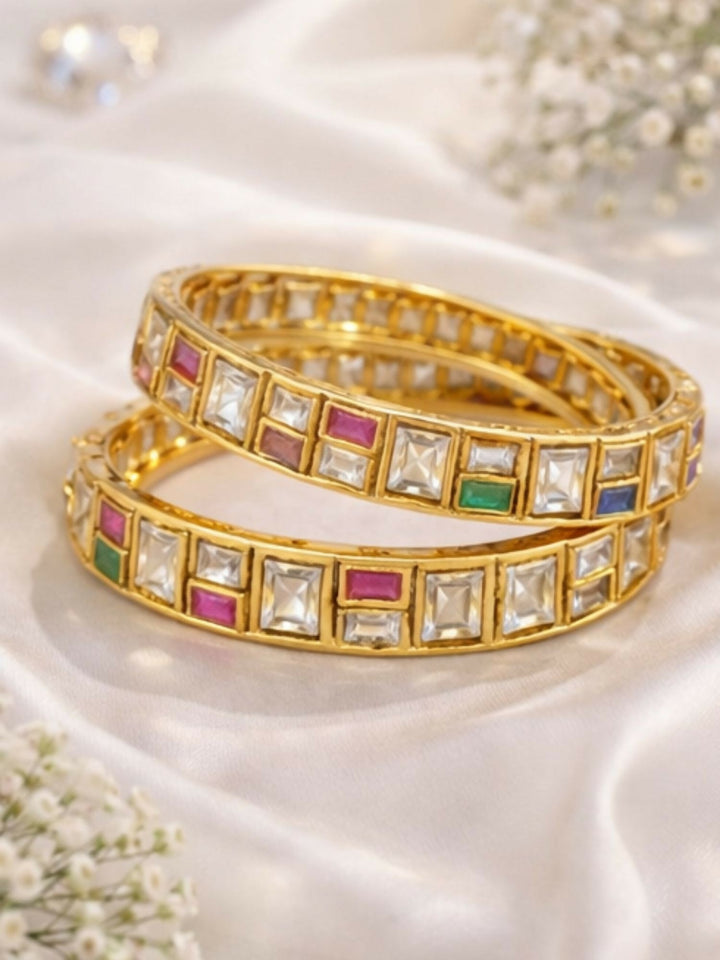 Traditional Gold Plated Silm Square Polki Bangles | SHOBITAM