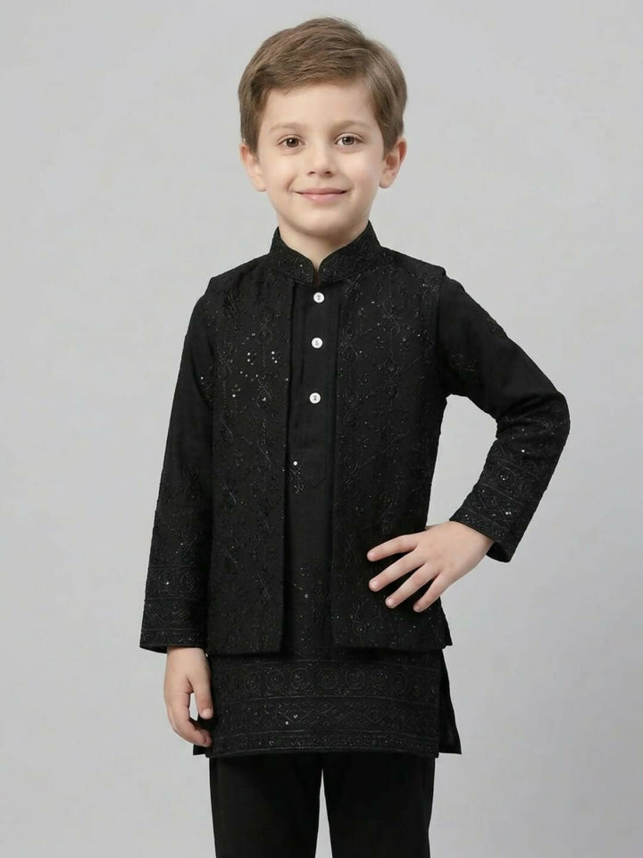 Boys Embroidered Black Kurta Pajama Set with Ethnic Jacket | SHOBITAM