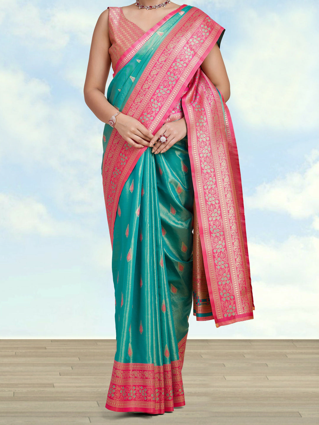Semi Banarasi Tissue Silk Zari Woven Turquoise Saree | SHOBITAM